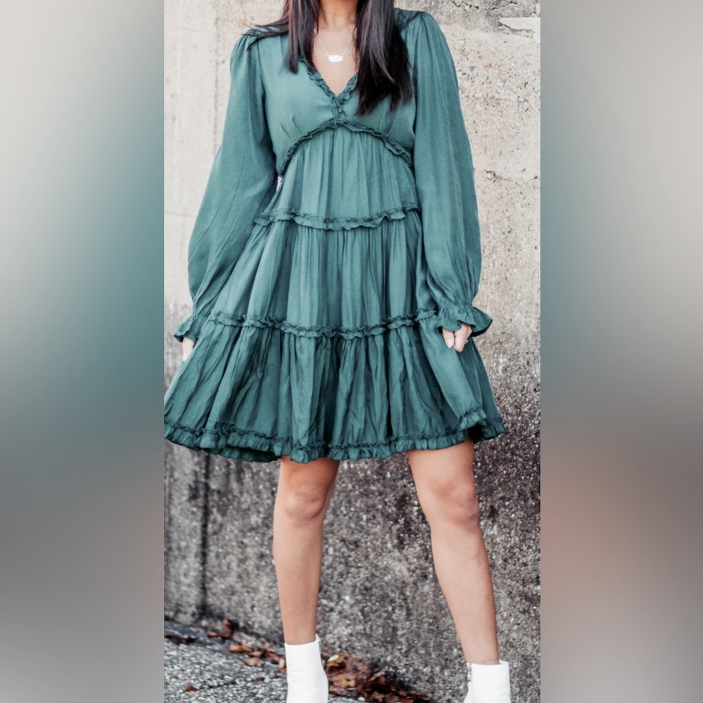 Long Sleeve Dress with Open Back in Hunter Green - Picture 1 of 7